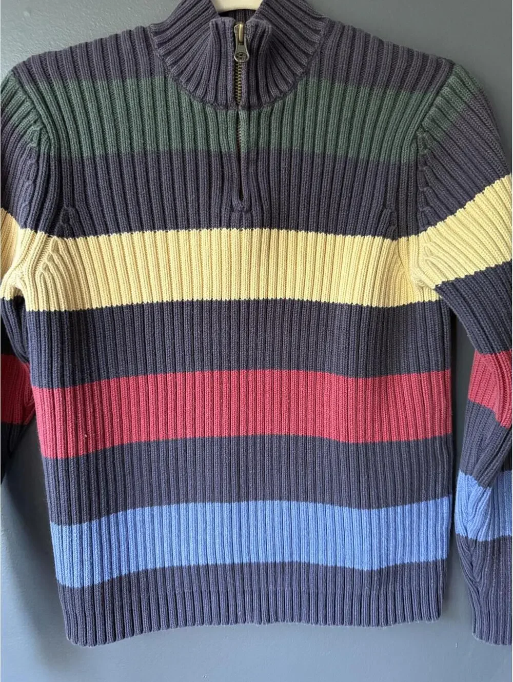 Lands' End Ribbed Half-Zip Sweater in Brown with Multicolor Stripes